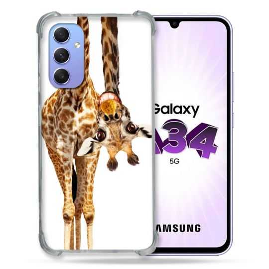 Coque Renforcée En Verre Trempé Pour Samsung Galaxy A34 5G Animal Girafe Blanche