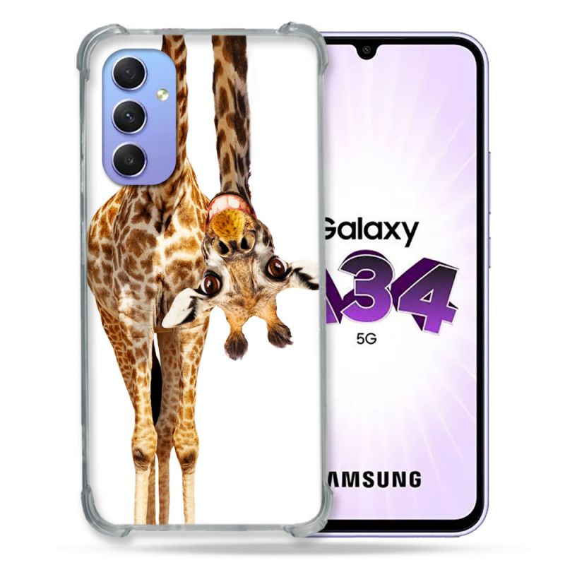 Coque Renforcée En Verre Trempé Pour Samsung Galaxy A34 5G Animal Girafe Blanche