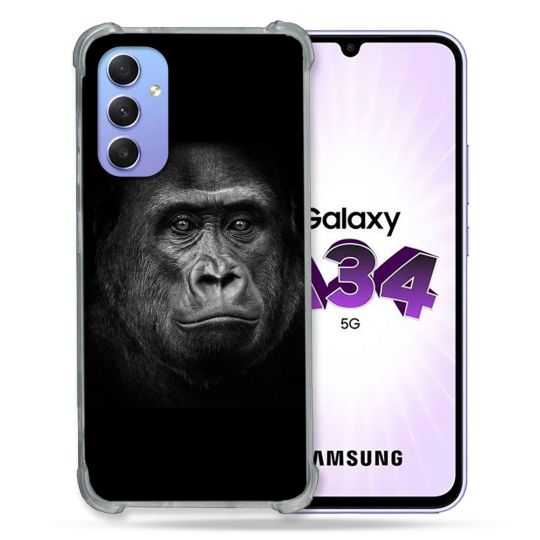 Coque Renforcée En Verre Trempé Pour Samsung Galaxy A34 5G Animal Gorille Noir