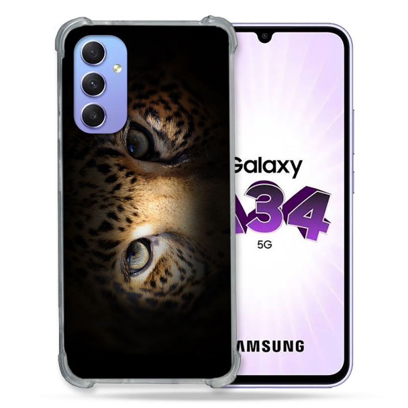 Coque Renforcée En Verre Trempé Pour Samsung Galaxy A34 5G Animal Leopard Yeux