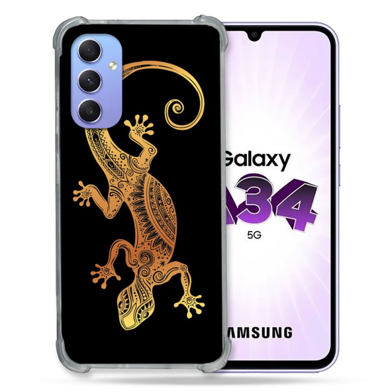 Coque Renforcée En Verre Trempé Pour Samsung Galaxy A34 5G Animal Lezard Noir