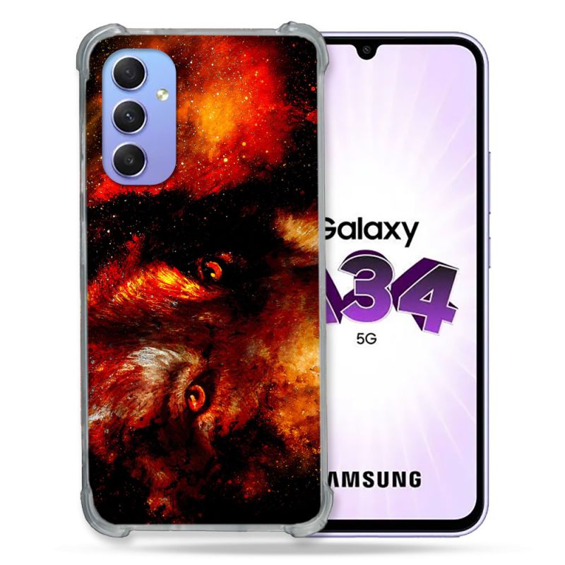 Coque Renforcée En Verre Trempé Pour Samsung Galaxy A34 5G Animal Loup Espace