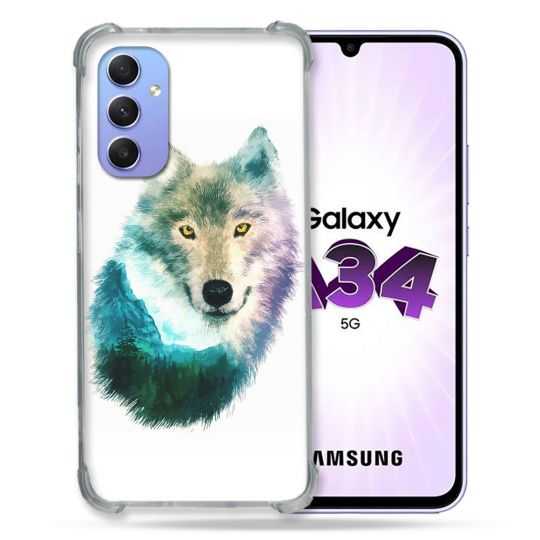 Coque Renforcée En Verre Trempé Pour Samsung Galaxy A34 5G Animal Loup Montagne