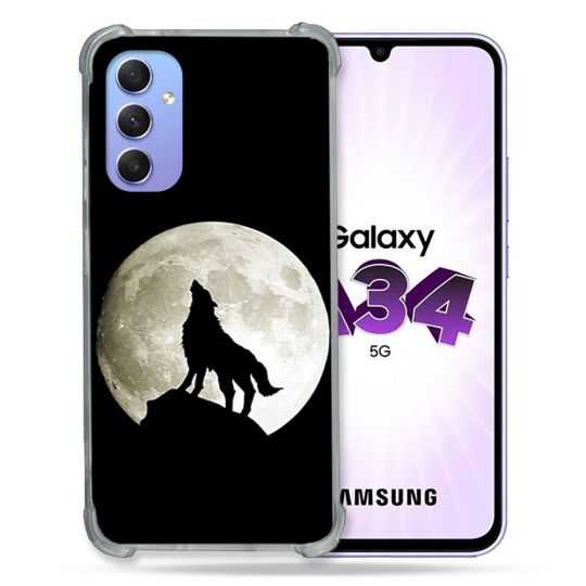 Coque Renforcée En Verre Trempé Pour Samsung Galaxy A34 5G Animal Loup Noir