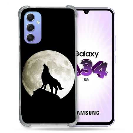 Coque Renforcée En Verre Trempé Pour Samsung Galaxy A34 5G Animal Loup Noir