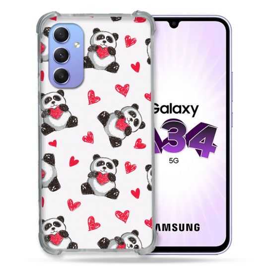 Coque Renforcée En Verre Trempé Pour Samsung Galaxy A34 5G Animal Panda Cœur