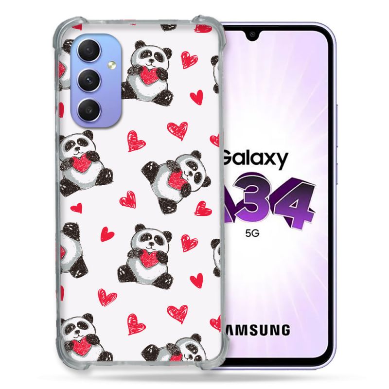 Coque Renforcée En Verre Trempé Pour Samsung Galaxy A34 5G Animal Panda Cœur