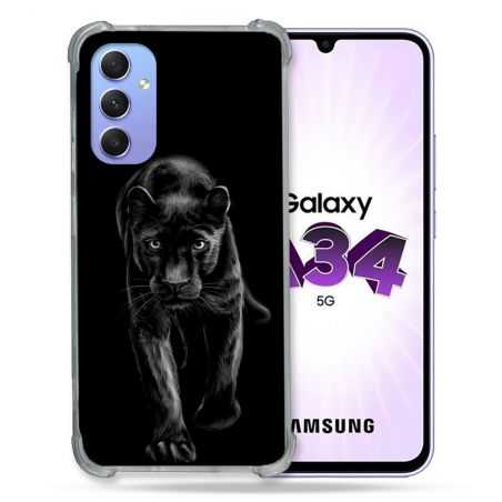 Coque Renforcée En Verre Trempé Pour Samsung Galaxy A34 5G Animal Panthère Noire