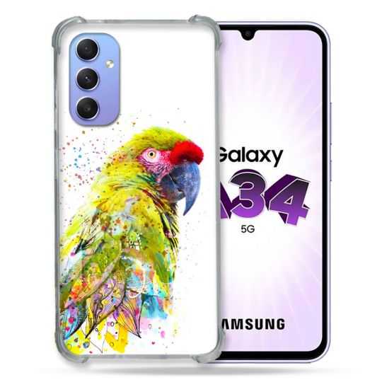 Coque Renforcée En Verre Trempé Pour Samsung Galaxy A34 5G Animal Perroquet Jaune
