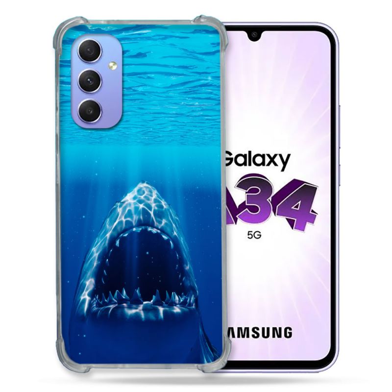 Coque Renforcée En Verre Trempé Pour Samsung Galaxy A34 5G Animal Requin Dent