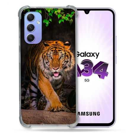 Coque Renforcée En Verre Trempé Pour Samsung Galaxy A34 5G Animal Tigre Jungle