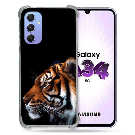 Coque Renforcée En Verre Trempé Pour Samsung Galaxy A34 5G Animal Tigre Noir