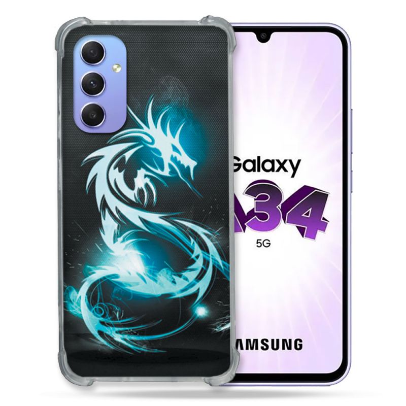 Coque Renforcée En Verre Trempé Pour Samsung Galaxy A34 5G Fantastique Dragon Bleu