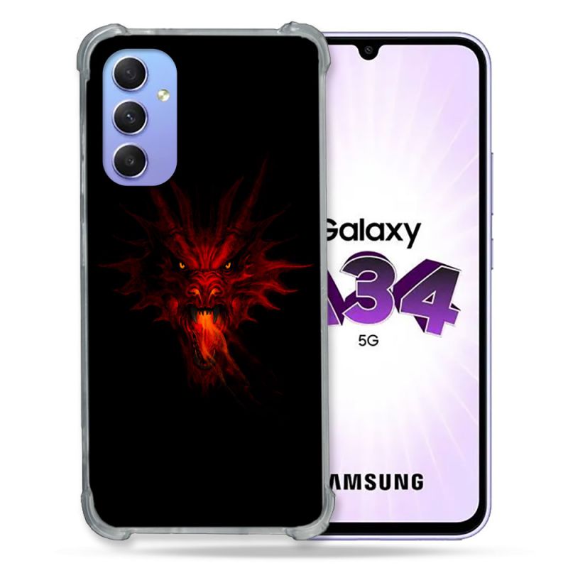 Coque Renforcée En Verre Trempé Pour Samsung Galaxy A34 5G Fantastique Dragon Feu
