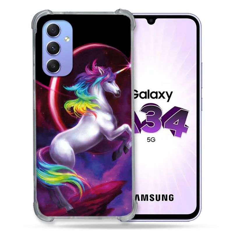 Coque Renforcée En Verre Trempé Pour Samsung Galaxy A34 5G Fantastique Licorne Arc en ciel