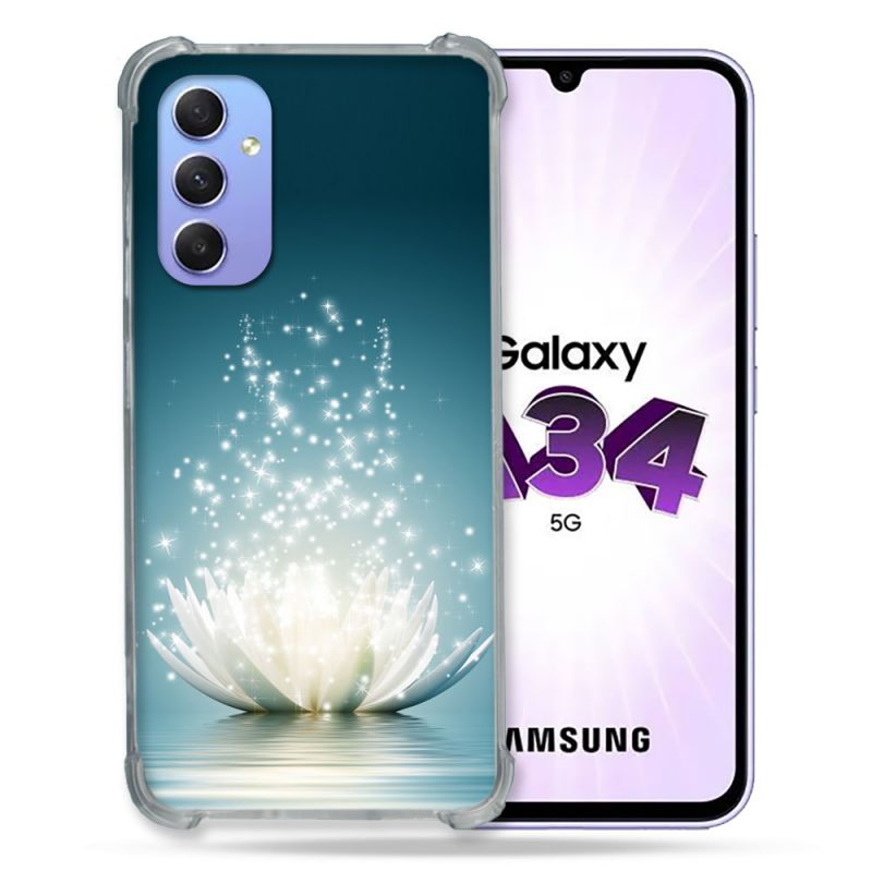 Coque Renforcée En Verre Trempé Pour Samsung Galaxy A34 5G Fleur Lotus Blanc