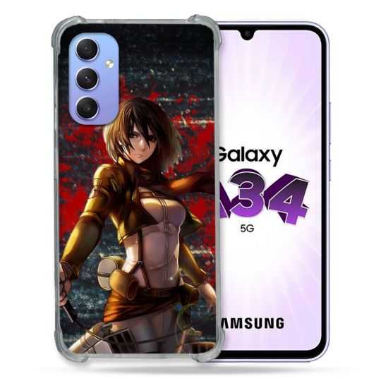 Coque Renforcée En Verre Trempé Pour Samsung Galaxy A34 5G Manga Attaque Titans Mikasa