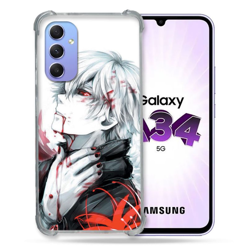 Coque Renforcée En Verre Trempé Pour Samsung Galaxy A34 5G Manga Tokyo Ghoul Kaneki Blanc