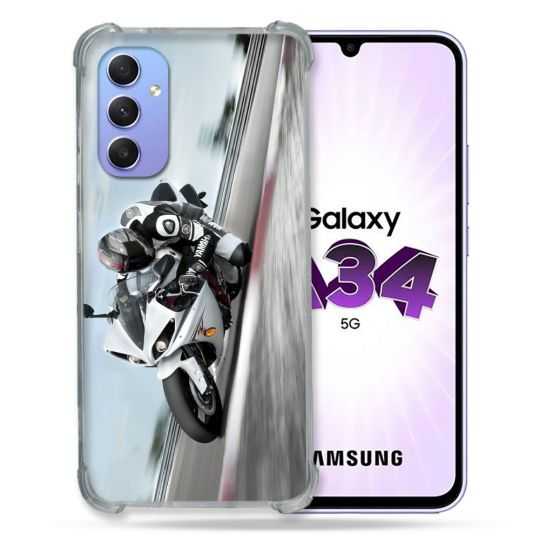 Coque Renforcée En Verre Trempé Pour Samsung Galaxy A34 5G Moto Course GP Blanche