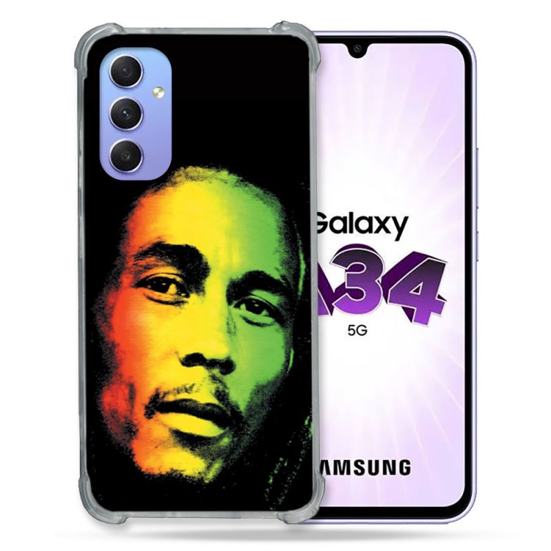 Coque Renforcée En Verre Trempé Pour Samsung Galaxy A34 5G Musique Bob Marley 2