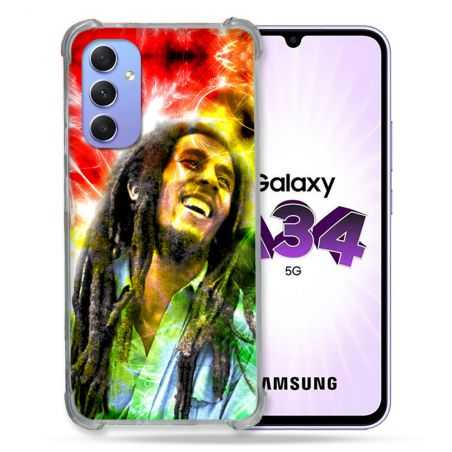 Coque Renforcée En Verre Trempé Pour Samsung Galaxy A34 5G Musique Bob Marley Color