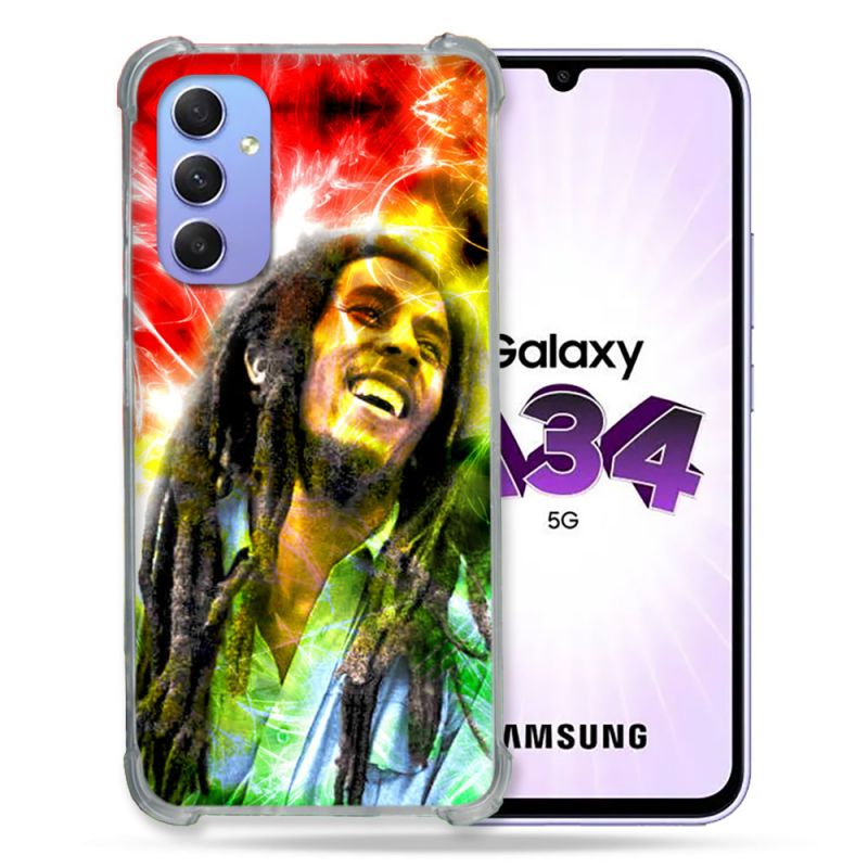 Coque Renforcée En Verre Trempé Pour Samsung Galaxy A34 5G Musique Bob Marley Color