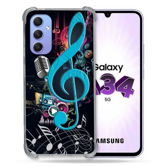 Coque Renforcée En Verre Trempé Pour Samsung Galaxy A34 5G Musique Cle Sol Bleu