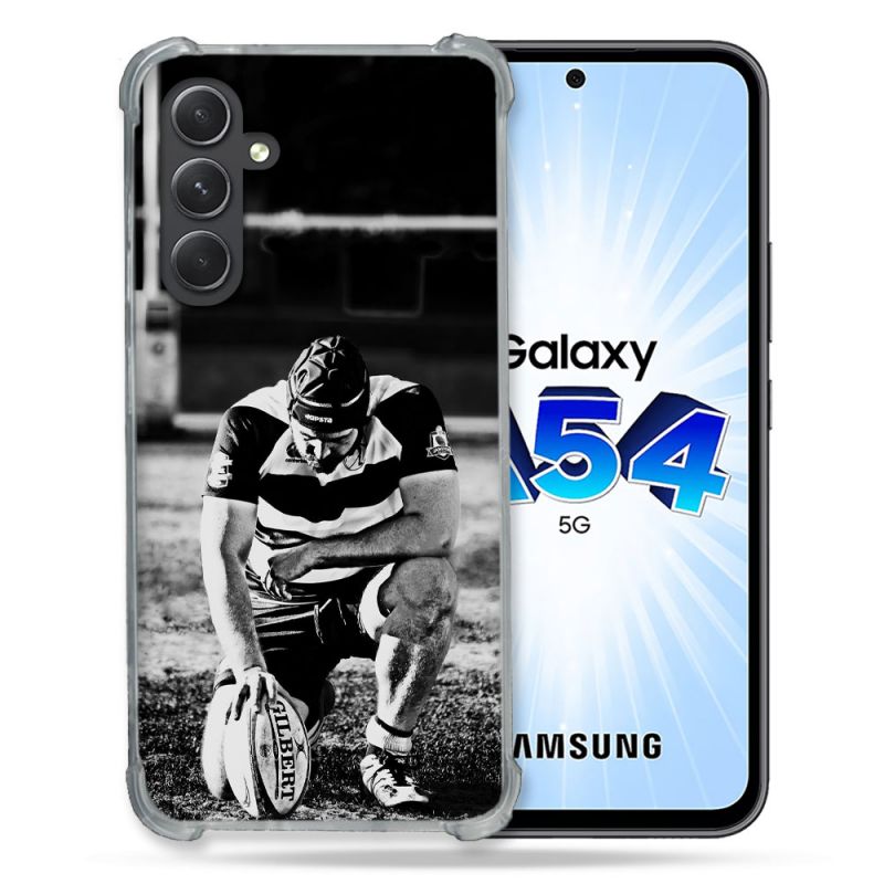 Coque Renforcée En Verre Trempé Pour Samsung Galaxy A54 5G Sport Rugby Noir Blanc