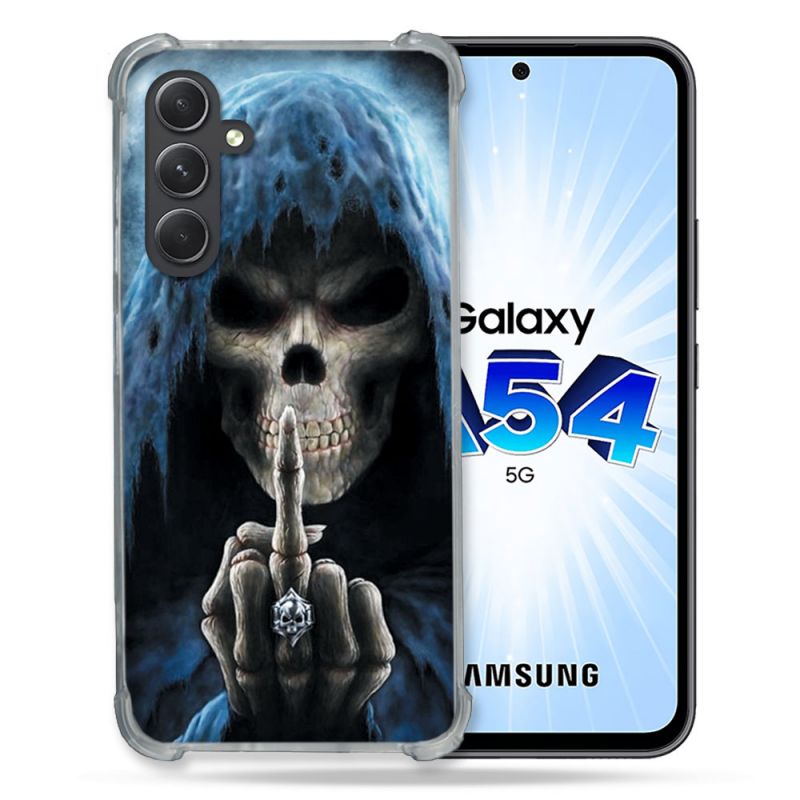 Coque Renforcée En Verre Trempé Pour Samsung Galaxy A54 5G Tete de Mort Doigt