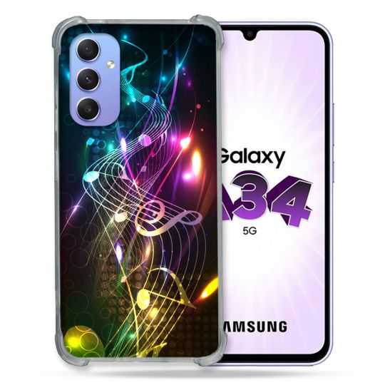 Coque Renforcée En Verre Trempé Pour Samsung Galaxy A34 5G Musique Partition Multicolore