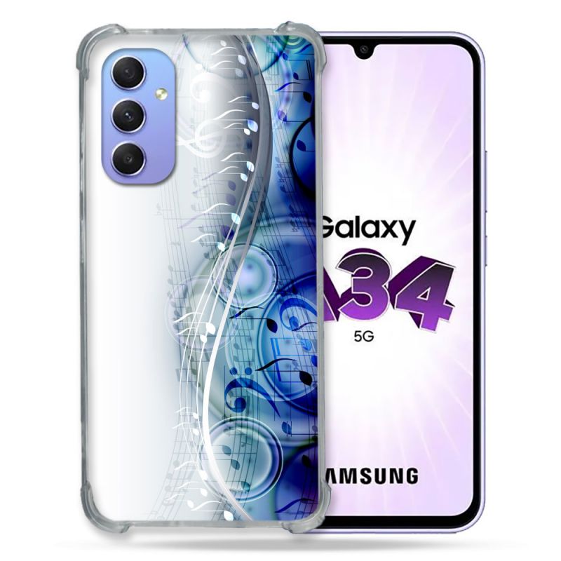 Coque Renforcée En Verre Trempé Pour Samsung Galaxy A34 5G Musique Partition Vague