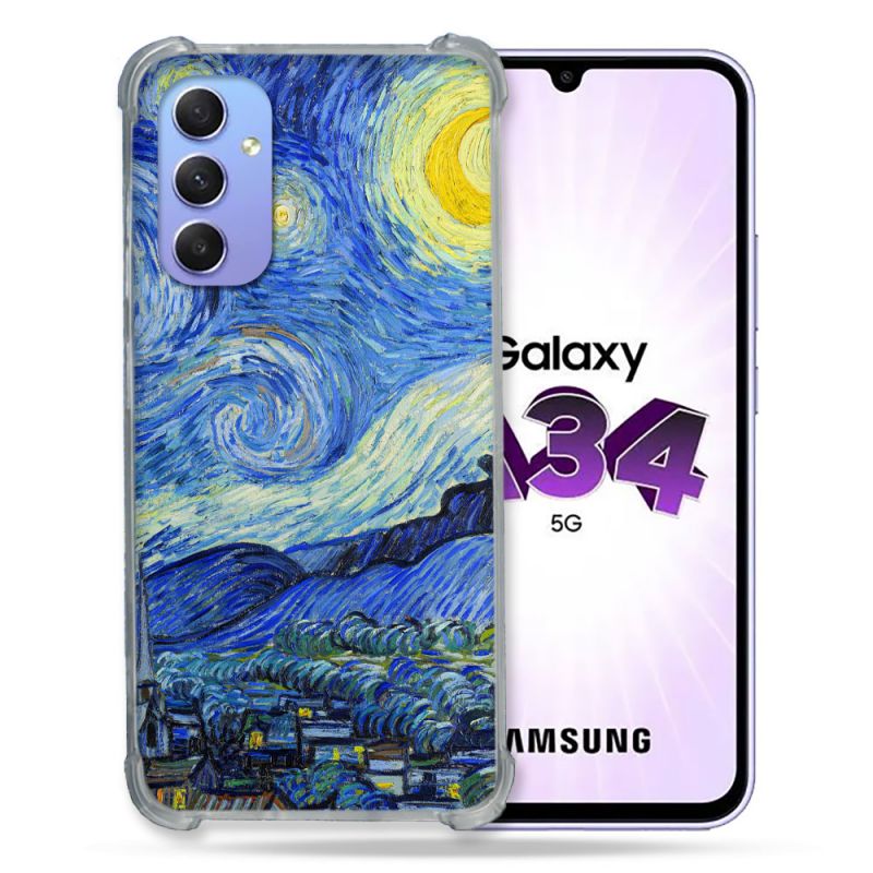 Coque Renforcée En Verre Trempé Pour Samsung Galaxy A34 5G Peinture La nuit étoilée