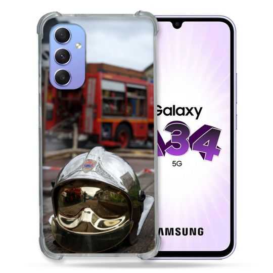 Coque Renforcée En Verre Trempé Pour Samsung Galaxy A34 5G Pompier Casque Camion