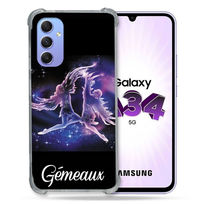 Coque Renforcée En Verre Trempé Pour Samsung Galaxy A34 5G Signe Zodiaque 2 Gémeaux