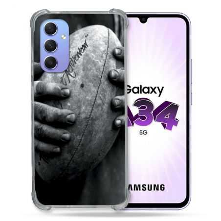 Coque Renforcée En Verre Trempé Pour Samsung Galaxy A34 5G Sport Rugby Ballon Vintage