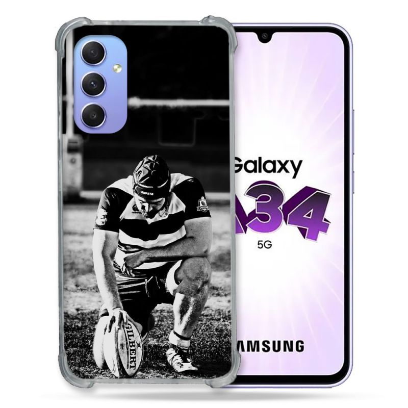 Coque Renforcée En Verre Trempé Pour Samsung Galaxy A34 5G Sport Rugby Noir Blanc