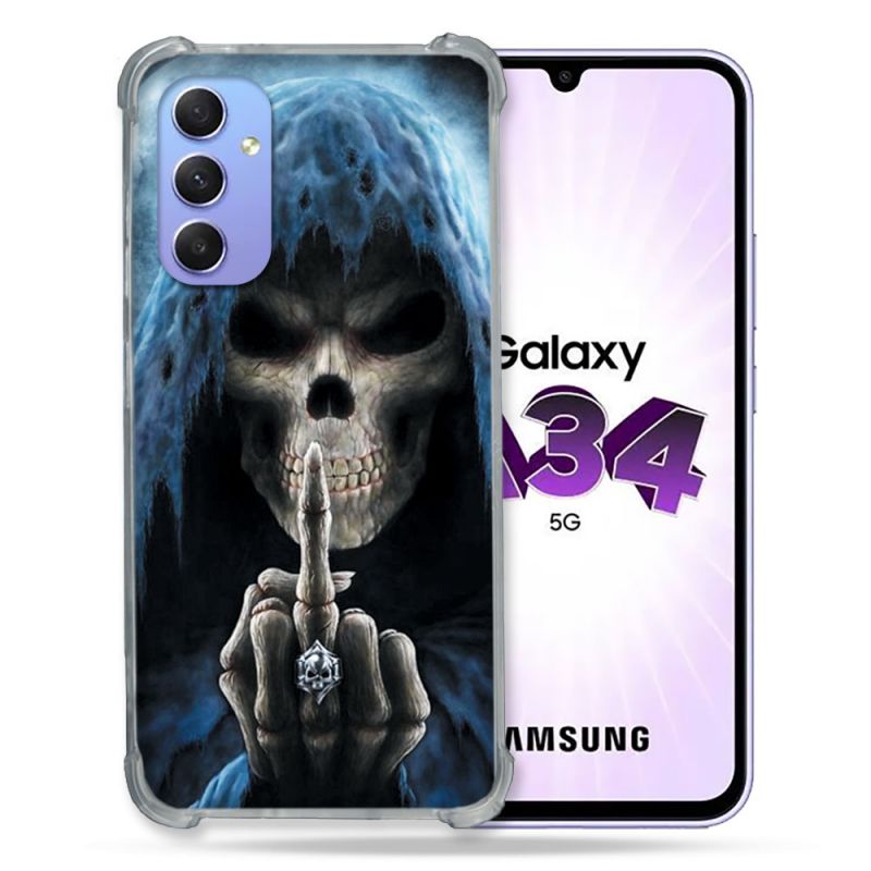 Coque Renforcée En Verre Trempé Pour Samsung Galaxy A34 5G Tete de Mort Doigt
