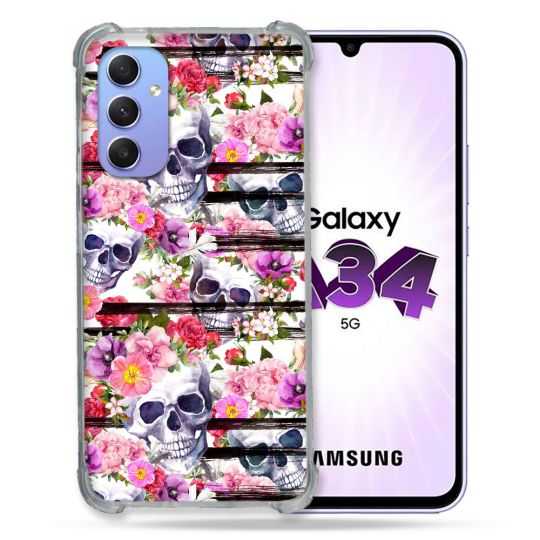 Coque Renforcée En Verre Trempé Pour Samsung Galaxy A34 5G Tete de Mort Pattern