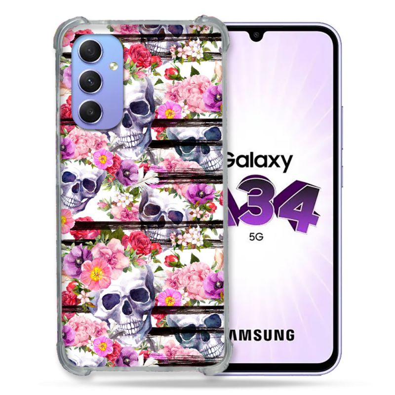 Coque Renforcée En Verre Trempé Pour Samsung Galaxy A34 5G Tete de Mort Pattern