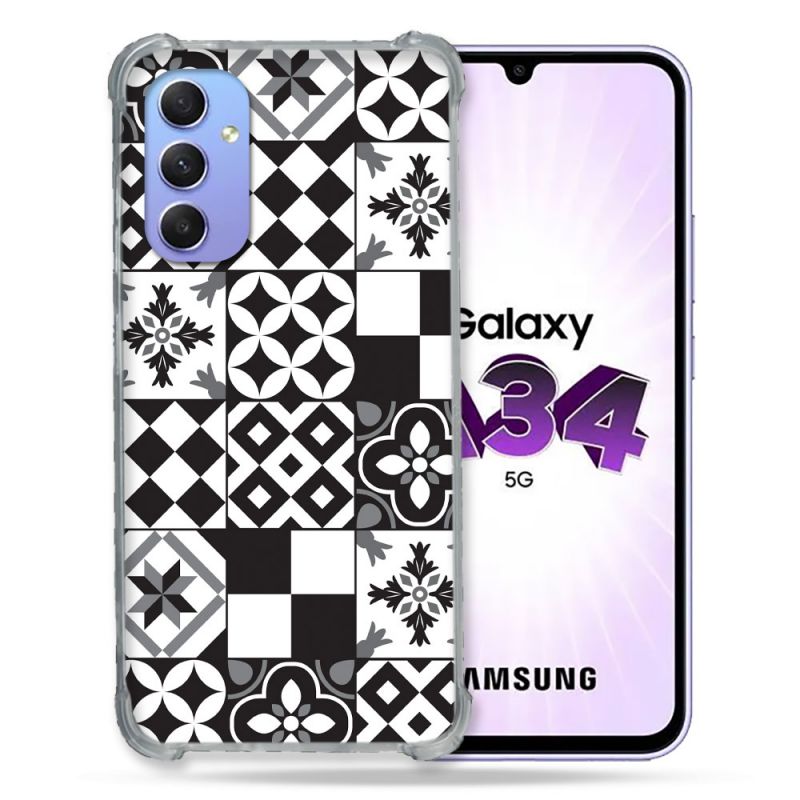 Coque Renforcée En Verre Trempé Pour Samsung Galaxy A34 5G Texture Carreau Ciment Noir