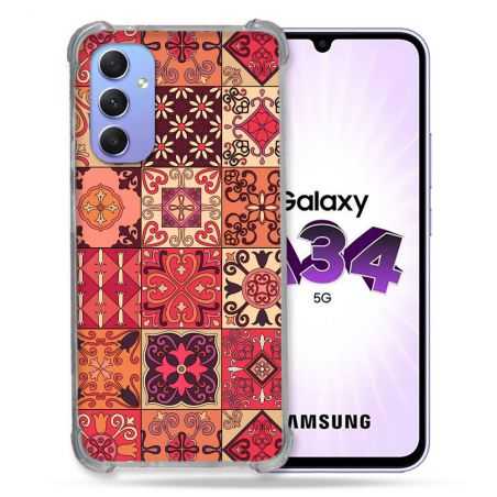 Coque Renforcée En Verre Trempé Pour Samsung Galaxy A34 5G Texture Carreau Ciment Rouge