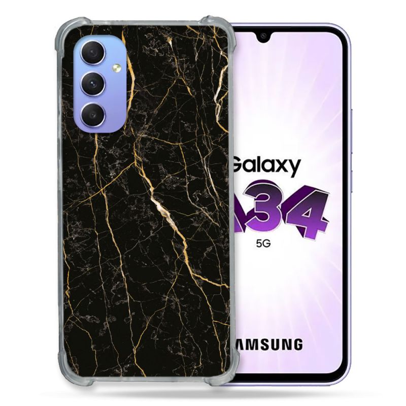 Coque Renforcée En Verre Trempé Pour Samsung Galaxy A34 5G Texture Marbre Noir