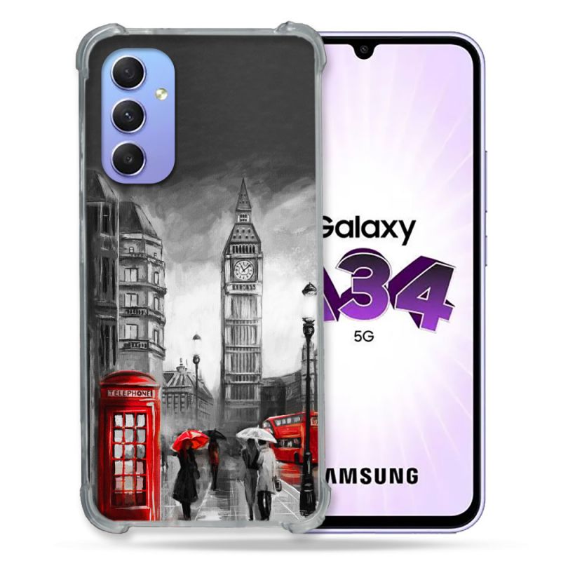 Coque Renforcée En Verre Trempé Pour Samsung Galaxy A34 5G Voyage Angleterre Londres Vintage