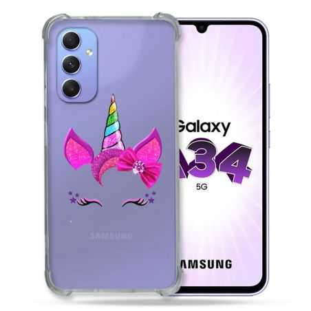 Coque Renforcée En Verre Trempé Transparente Pour Samsung Galaxy A34 5G Licorne Paillette