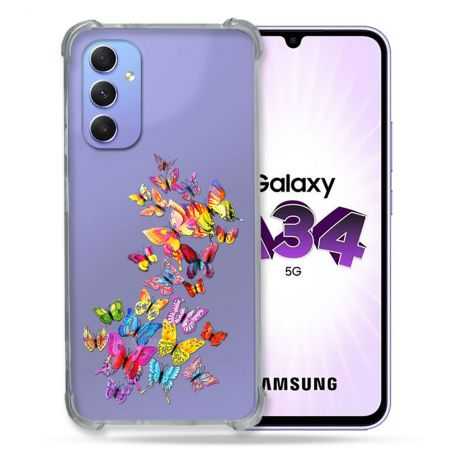 Coque Renforcée En Verre Trempé Transparente Pour Samsung Galaxy A34 5G Papillon Multicolore