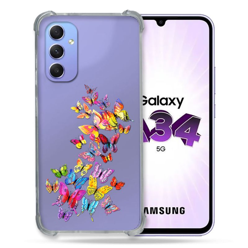 Coque Renforcée En Verre Trempé Transparente Pour Samsung Galaxy A34 5G Papillon Multicolore