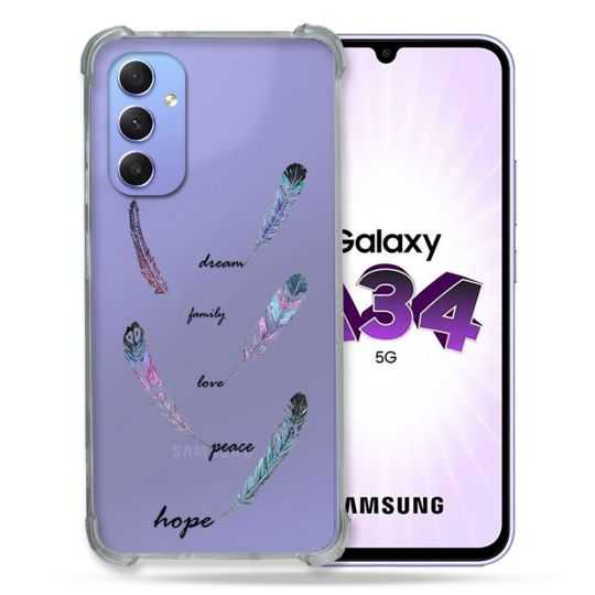 Coque Renforcée En Verre Trempé Transparente Pour Samsung Galaxy A34 5G Plume Couleur