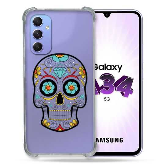 Coque Renforcée En Verre Trempé Transparente Pour Samsung Galaxy A34 5G Tete Mort Color