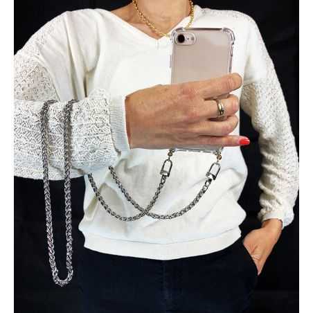 Coque Renforcée En Verre Trempé Transparente Pour Samsung Galaxy A34 5G Lanière / Cordon Metal Serpent Argent