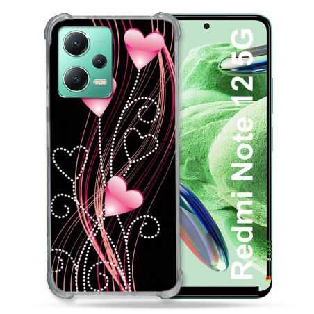 Coque Renforcée En Verre Trempé Pour Xiaomi Redmi Note 12 5G Amour Coeur Rose Montant sur Noir